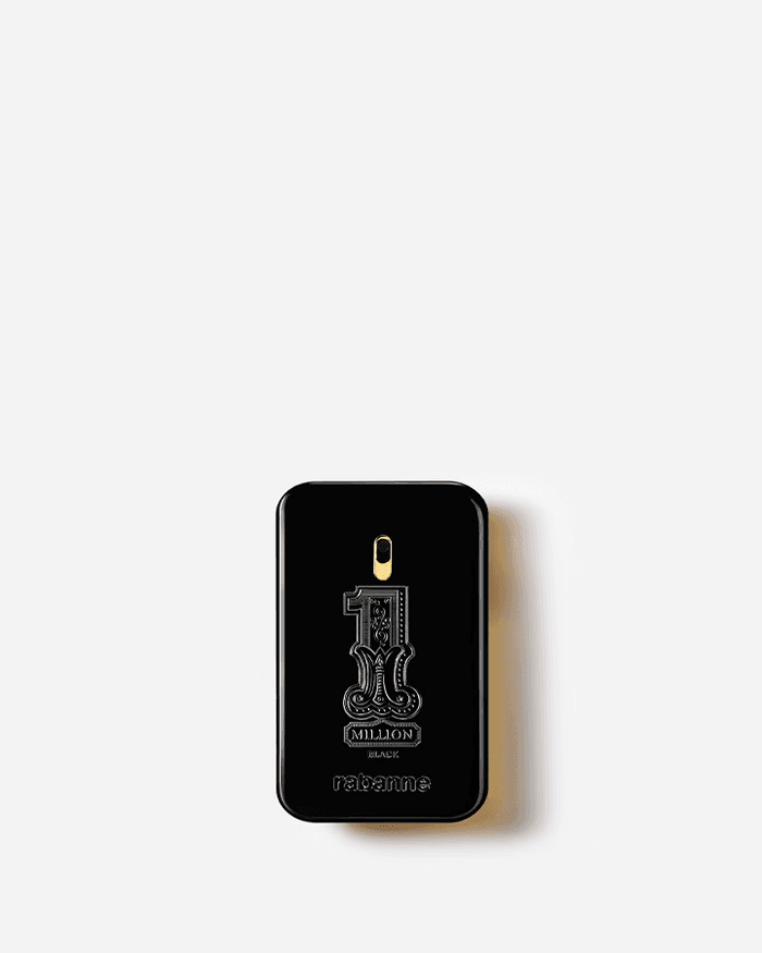 Frasco do perfume 1 Million Black 30 mL, da Rabanne: lingote preto laqueado com o número 1 gravado